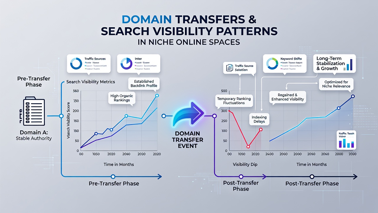 Graph illustrating long-term search ranking recovery curves after domain transfers in niche sectors